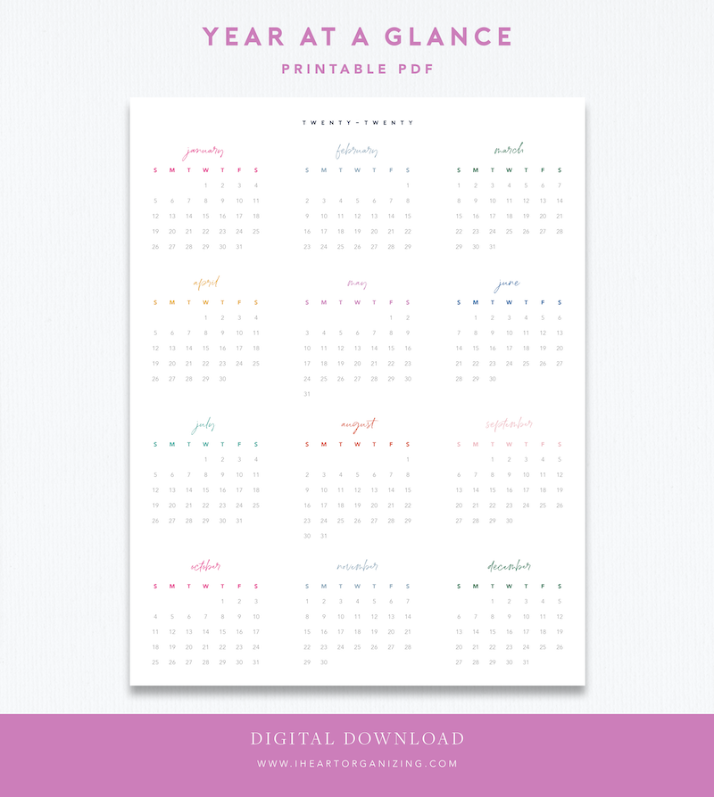 IHeart Organizing Year at a Glance Free Printable PDF Download